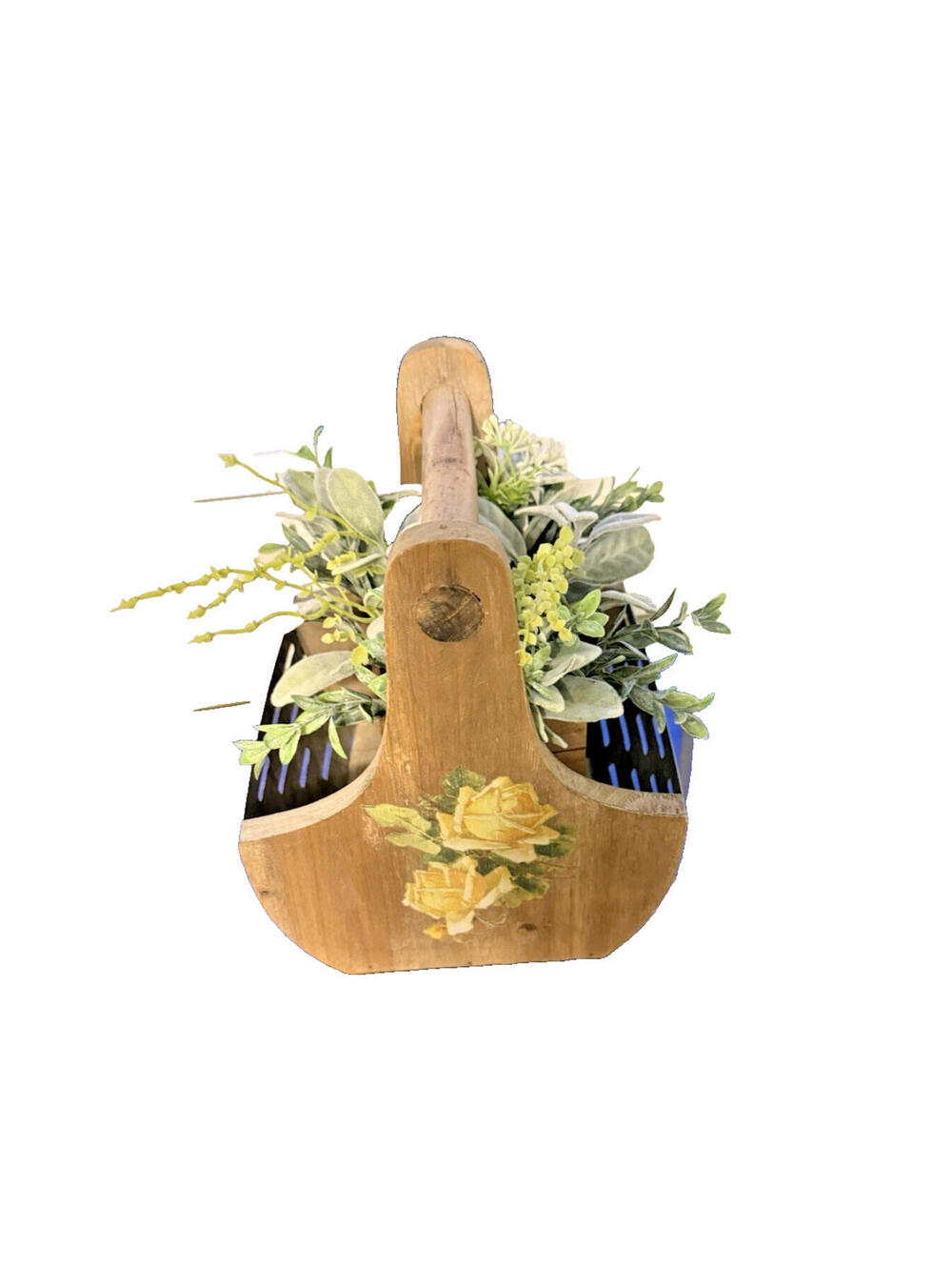Small Rustic floral Wooden Metal Caddy, tote; cottagecore, country, primitive